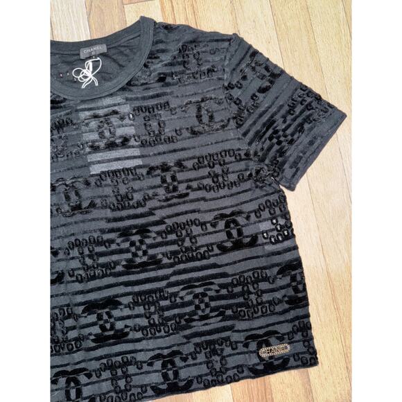 Chanel 21C Black Flocked Velvet CC Logo Top Short Sleeve Tee T Shirt S Small - Picture 9 of 16
